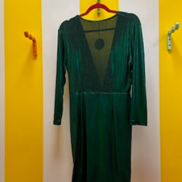 Green Metallic Drape Dress with Deep V Neck Mini Size Medium - Picture 3 of 6